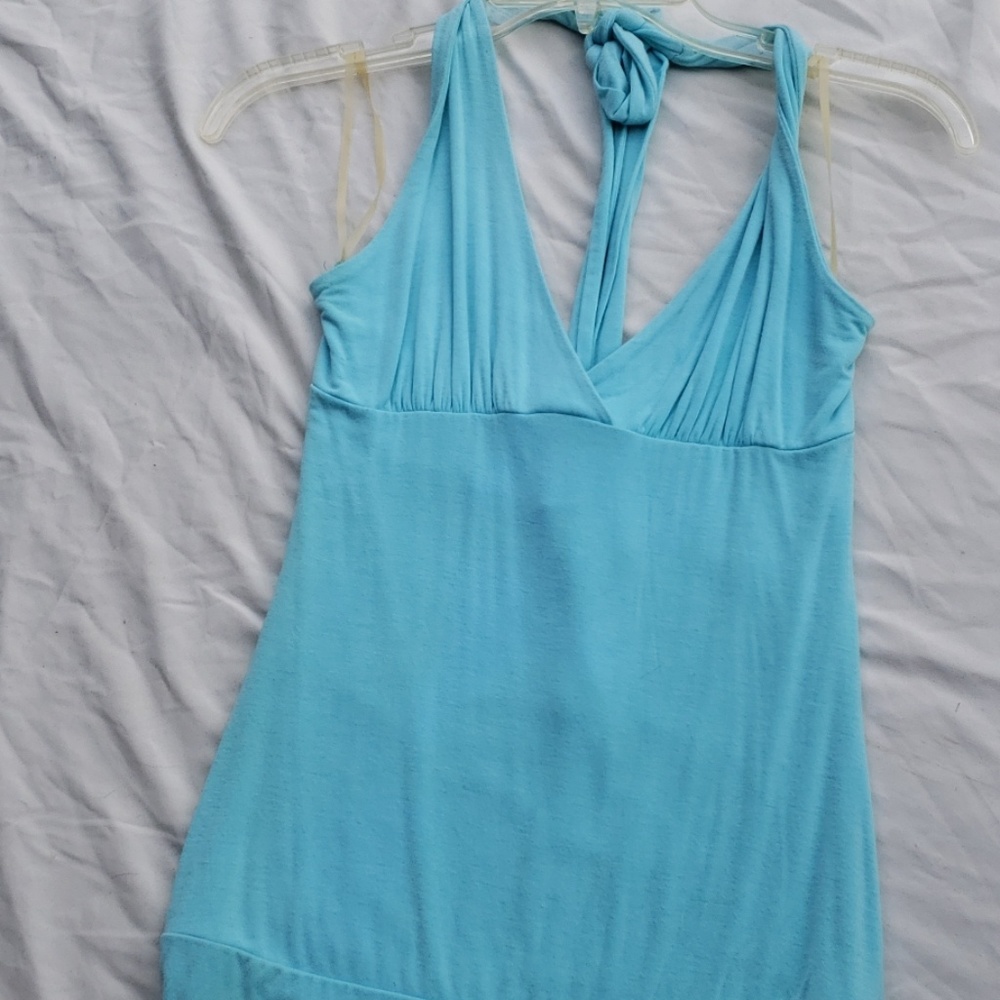 Sky blue halter top.